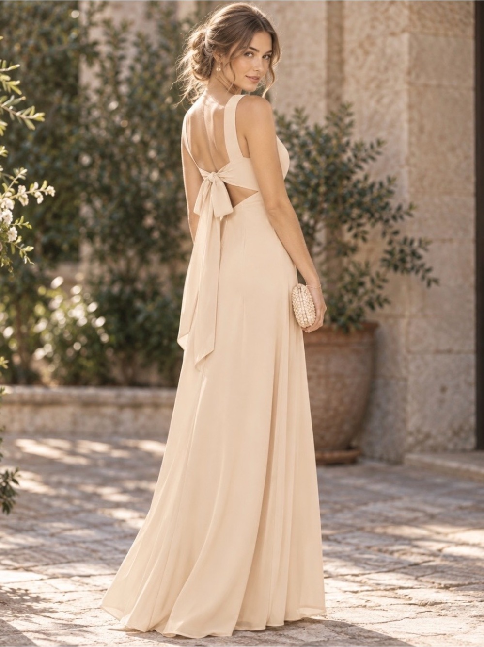 Azazie Christiana Chiffon Maxi Dress Alabaster V Neck Pleated Bridesmaid Gown 2